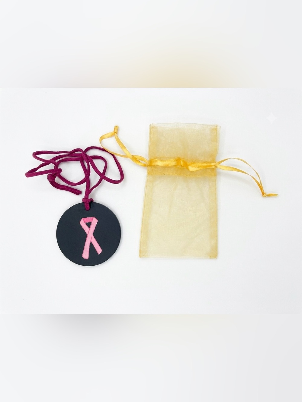 Hand Painted Slate Pink Ribbon Pendant Necklace with Magenta Cord
